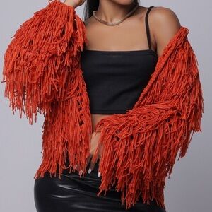 Knit Fringe Tassel long sleeve oversized orange sweater cardigan
